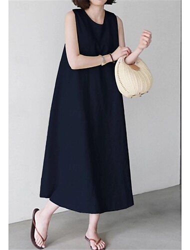  Damen Weiß Wein Marineblau Sommer Frühling Midikleid Weißes Kleid Baumwoll-Leinen-Kleider Sommerkleid Lässig Urlaub Täglich Lässiger Schnitt Einfach Rundhalsausschnitt
