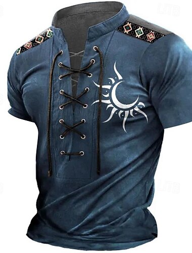  Herren Sonne T-Shirt Kurzarm T-Shirt 3D-Druck Schnürhals Hemd Ethnisch Lässig Lässig Täglich Schwarz Blau Grün Frühling & Sommer Bekleidung S M L XL XXL 3XL