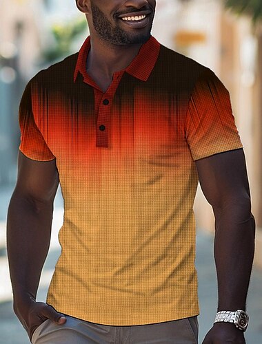  Herre Stripet Golf skjorte Kortermet Poloskjorter Skjorter med krage Fritid Ferieklær Formell klær Festivalklær 3D-utskrift Knapper Sommer Vår Gul Oransje