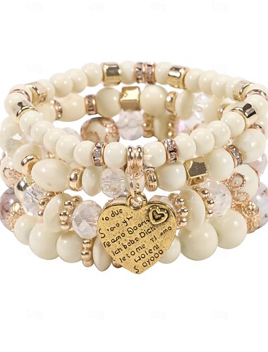  Damen Bohemian Perlenarmband mit Herzanhänger Stretch Multicolor Modeschmuck Accessoire