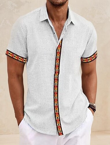  男性用 シャツ リネンシャツ カジュアルシャツ コットンシャツ カラーブロック バケーション ストリート ブラック ホワイト スカイブルー グレー 半袖 折襟 夏 衣類 ボタンダウン