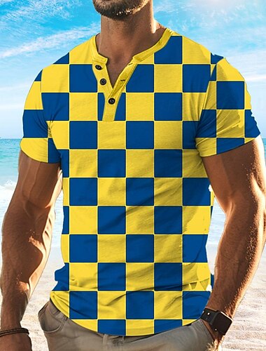  Camiseta henley con estampado a cuadros para hombre, camiseta de manga corta con botones, colorida, de Holiday x Designer Kris