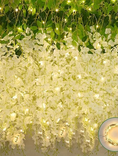  elegante Hochzeitsempfangsparty, 12 weiße Glyzinien-Hängeblumen mit LED-Lichterkette, künstliche hängende Glyzinien-Girlande für Hochzeitsfeier, Heimhintergrund-Wanddekoration