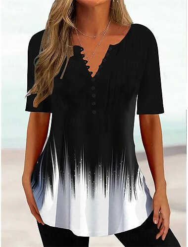  Damen T Shirt Henley Shirt Blumen Farbverläufe Tuniken Basic Kurzarm V Ausschnitt Normale Oberteile Casual Wochenende Bedruckt Schwarz Blau Khaki