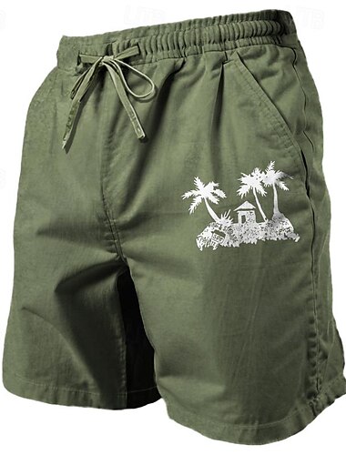  Kokosnussbaum-Shorts für Herren aus Baumwolle und Leinen, Sommer-Shorts, Hawaii-Shorts, Strandshorts, bedruckt, Kordelzug, elastische Taille, atmungsaktiv, weich, 20 % Leinen, Shorts für den Alltag,