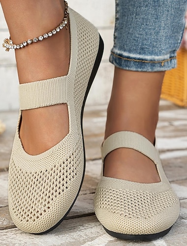  scarpe basse mary jane da donna in maglia beige con tomaia in rete traspirante e cinturino elastico, scarpe casual leggere per camminare, ufficio e uso quotidiano