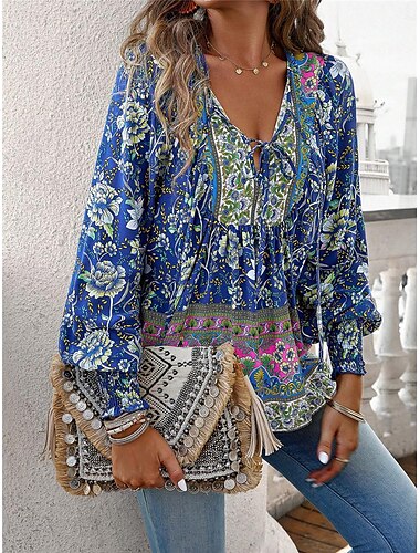  Damen Hemd Bluse Casual Boho Blumenmuster Schnürung Print Langarm Normale Oberteile V-Ausschnitt Urlaub Strand Rosa Marineblau Blau Orange Sommer
