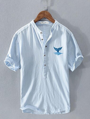  Homme Chemise Chemise en coton et lin Chemise en coton blanc Chemise à col chinois Chemise à col mao Chemise Décontractée Dauphin Vacances Rue Blanche bleu marine Gris Bleu clair Manche Courte Band