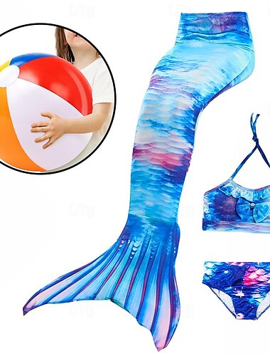  Bademode für Kinder Mädchen mit Strandball Bikini 3-teilig Badeanzug Meerjungfrauenschwanz Die kleine Meerjungfrau Bademode Farbverlauf ärmellos blau regenbogenrot Strand aktiv