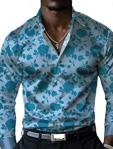  Herren Satinhemd Oberhemd Knopfhemd Blumen Formal Urlaub Gelb Blau Langarm Umlegekragen Sommer Frühling Bekleidung Knopf