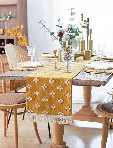  bordslöpare med tofsar vårstjärna applikation vintage fransk bondgård dubbelskikts polyester