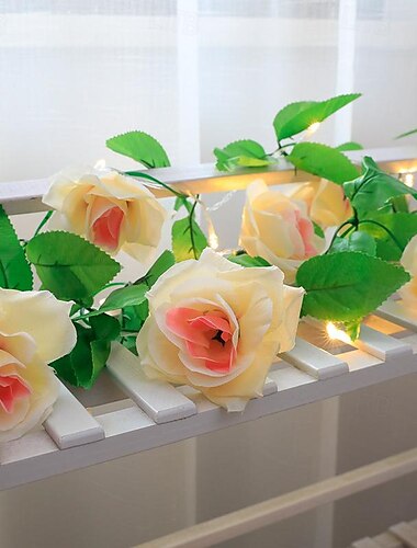  LED-Lichterkette mit grünen Blättern und Rosen, Valentinstagsdeko für Jahrestage, Hochzeiten, Feiertage und Partys