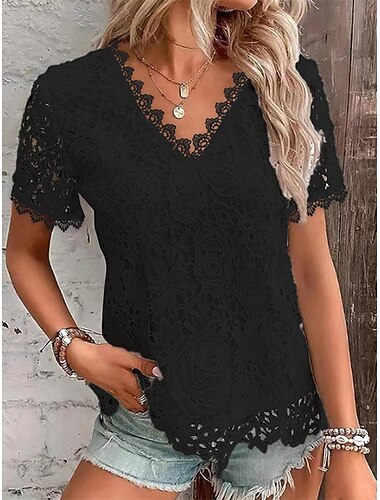  Hemd Bluse Elegante Oberteile Damen Schwarz Weiß Rosa Glatt Spitze Strasse Täglich Modisch Rundhalsausschnitt Regular Fit S