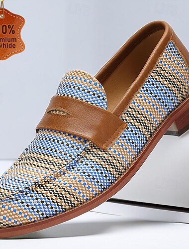  Men's Woven Leather Penny Loafers in Blue Houndstooth