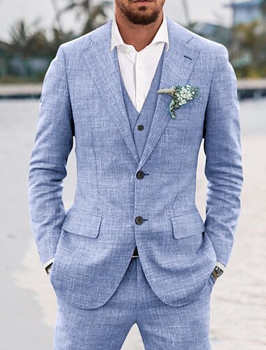  White Sky Blue Dark Blue Men's Wedding Linen Suits Solid Colored 3 Piece Tailored Fit Single Breasted Two-buttons 2024