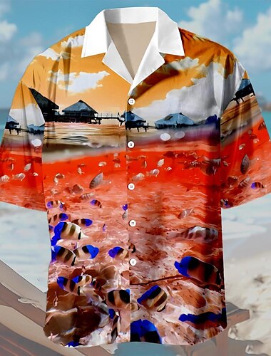  Herren Seelandschaftsmuster Hemd Hawaiihemd Sommerhemd Aloha-Shirt Kurzarm Hemd Umlegekragen Hawaiianisch Resort Casual Hawaiianisch Festtage Violett Orange Dunkelblau S M L