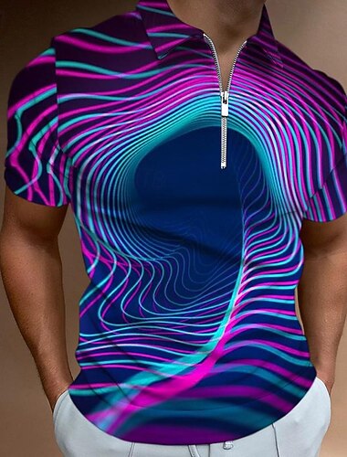  Homens Gráfico Neon Camisas Polo com zíper Camisa de golfe Manga Curta Camisas polo Camisas de colarinho Casual Roupas de férias Desgaste Rave Trajes de festa Impressão 3D Polo com fecho de correr de