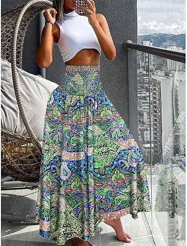  Damenrock A-Linie Swing Maxirock Print Blumen Paisleymuster Urlaub Sommer Vintage Boho Schwarz-Weiß Schwarz Rot Marineblau