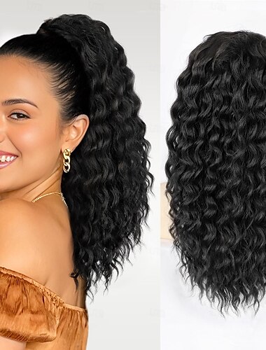 Extensión de cola de caballo rizada, cola de caballo con cordón para mujeres negras, extensiones de cabello rizado negro natural, extensión de cola de caballo de 18 pulgadas, postizo sintético para