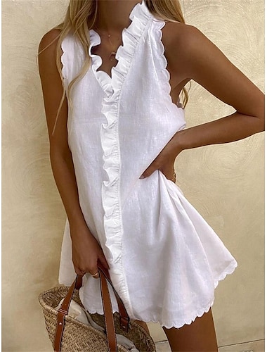  Γυναικεία Λευκό φόρεμα Φόρεμα από λινό Φόρεμα για τον ήλιο Μίνι φόρεμα Βαμβάκι Με Βολάν Καθημερινό Καθημερινά Διακοπές Λαιμόκοψη V Αμάνικο Καλοκαίρι Άνοιξη Λευκό Σκέτο