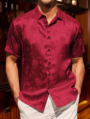  Herren Hemd Satinhemd Sommerhemd Lässiges Hemd Knopfhemd Glatt Hochzeit Urlaub Schwarz Wein Grün Kurzarm Kragen Sommer Bekleidung