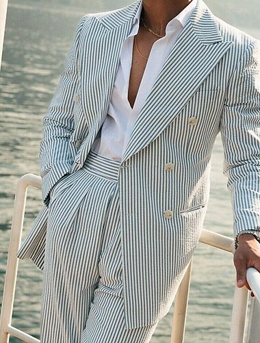  világoszöld férfi seersocker nyári öltönyök strand esküvői öltöny 2 részes csíkos öltöny szabványos egymellű kétgombos 2024