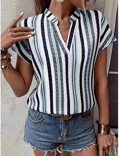  Damen Hemd Bluse Casual Streifendruck Kurzarm Normal Oberteile V-Ausschnitt Urlaub Alltag Rot Blau Khaki Sommer