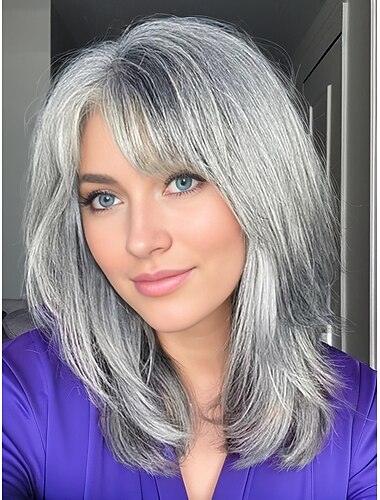  Silver Ash Brown Grey Wigs for White Women Medium Length Layered Silver Gray Wavy Wig with Bangs Natural Looking Heat Synthetic Side Part Gray Wigs for Daily Party Use Salt and Pepper Wigs for Women