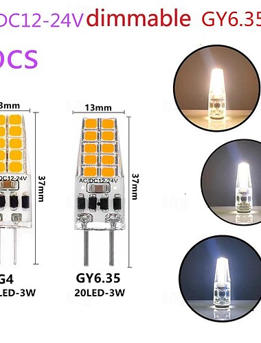  6 uds/10 Uds bombilla led regulable g4 gy6.35 ac/dc12-24v 3w 20led luz de silicona ahorradora de energía 360 grados reemplaza la lámpara halógena