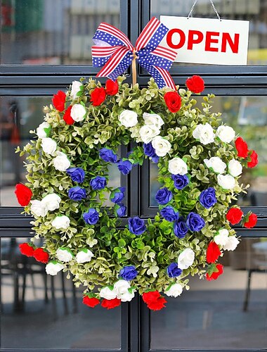  Patriottische krans voor voordeur, decoratie voor onafhankelijkheidsdag 4 juli, rood-wit-blauwe decoratie, ring van kunstmatige bloemenwijnstok met elementen van de Amerikaanse vlag, groothandel