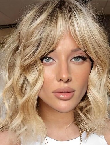  perruques blondes courtes pour femmes, perruque de cheveux bouclés ondulés synthétiques avec frange pour tous les jours 12 pouces auburn bordeaux blonde noire perruques blondes claires