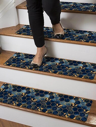  1 alfombra de hilo de escalera con patrón de mármol, moderna alfombra antideslizante con parte inferior de poliéster tpr, alfombra de escalera interior de 30 "x 8", adecuada para escalones de madera,