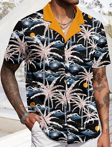  Voor heren Kokosnootboom Architectuur Tropische planten Hawaiiaans overhemd Kampshirt Aloha-shirt Korte mouw Overhemd Cubaanse kraag Modieus Hawaii Ontwerper Buiten Straat Casual Zwart Wit Groen S M L