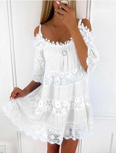  Mulheres Vestido branco Vestido de renda Vestido casual Minivestido Preto Verde Azul Claro Meia Manga Cor imaculada Renda Contraste Verão Primavera Gola Redonda à moda Férias Ajuste Largo 2023 S M L