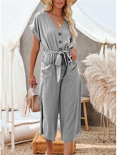  Damen Normal Jumpsuit Basic Feste Farbe Kurzarm Hemdkragen mit Schnürung Knopf Strasse Täglich Regular Fit Schwarz Armeegrün Khaki Sommer