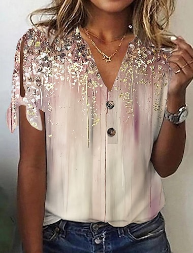  Dames T-shirt Grafisch Basic Korte mouw V-hals Normale tops Dagelijks Weekend Knop Uitknippen Afdrukken Blozend Roze blauw Groen Khaki Grijs