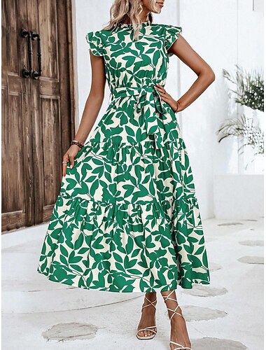  Damen Chiffonkleid Blumenmuster Rüschen Rundhalsausschnitt Puffärmel Midikleid Casual Kurzarm Sommer Frühling