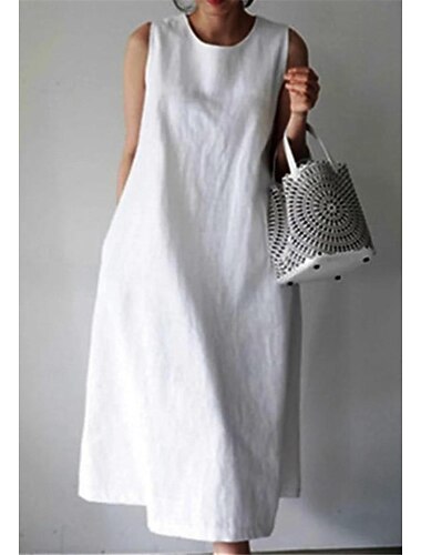  Femmes Blanche Vin bleu marine Été Printemps Robe Midi Robe Blanche Robes en coton et lin Robe d'Été Occasionnel Vacances Quotidien Coupe Ample Uni Col ras du cou