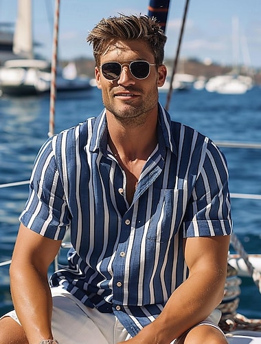  Voor heren Overhemd Zomer overhemd Normaal shirt Overhemd met knopen blauw Licht Blauw Korte mouw Gestreept Revers Vakantie Alledaagse kleding Kleding Rayon Modieus Hawaii Casual Strandstijl