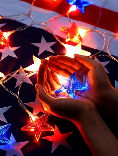  patriottische led-lichtslingers, vierde juli onafhankelijkheidsdag sterren sprookjeslicht rood wit blauw 1,5 m 10 leds batterij aangedreven vakantiehuis feestdecoratie