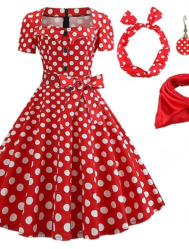  Vestido rockabilly de línea A para mujer, vestido oscilante de lunares, vestido acampanado con accesorios, conjunto retro vintage de los años 50 y 60 con diadema, bufanda de gasa, pendientes, gafas