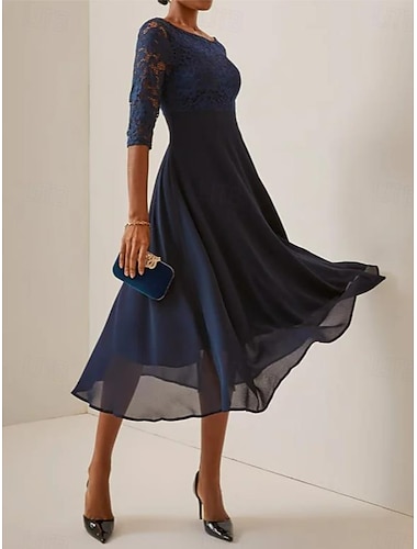  Dámské Áčkové šaty Maxi šaty Šifón Lace Yoke Párty Elegantní Formální Úzký výstřih Poloviční rukáv Tmavomodrá Barva