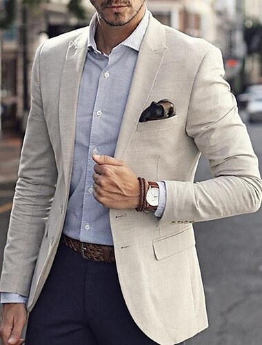  Blazer de lino para hombre chaqueta deportiva moda casual de verano blazer de color sólido beige ajuste entallado de un solo botón