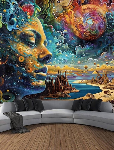  Tapisserie à lumière noire réactive aux UV qui brille dans le noir, fête, néon, femme, monde fantastique, psychédélique, trippant, brumeux, décoration murale suspendue pour salon, chambre à coucher