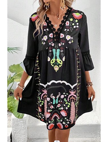  Damen Midikleid Chiffon-Kleid Boho Chic Kleider Boho-Kleid Elegantes Kleid Elegant Böhmen Vintage Urlaub Täglich Verabredung Schlank Blumen Kurzarm V Ausschnitt Schwarz Rosa Rote Beige Sommer