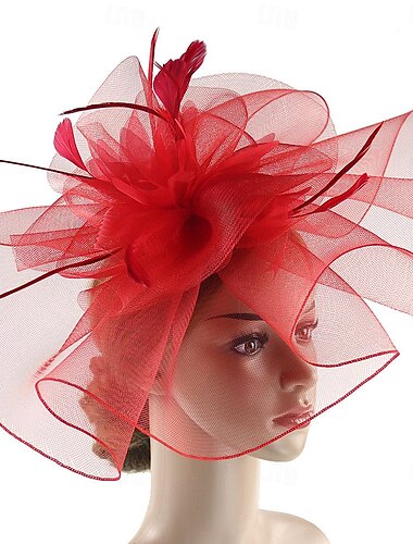  Fascinateurs Chapeaux Coiffure Organza Chapeau Fedora Haut-de-forme Chapeau Voile Course de chevaux cocktail Elégant Rétro Avec Plume Couleur Pure Casque Couvre-chef