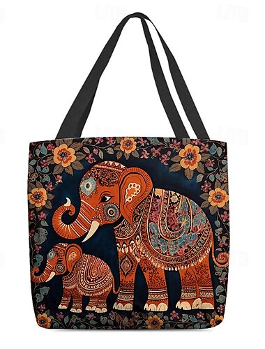  Damen-Umhängetasche, Canvas-Einkaufstasche aus Polyester, zum Einkaufen, für den Alltag, Urlaub, mit Aufdruck, großes Fassungsvermögen, faltbar, leicht, mit Tier-Elefanten-Muster, Nationalität