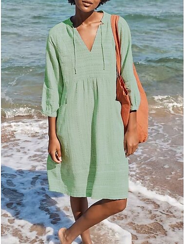  Damen Schwarz Blau Grün Sommer Frühling Midikleid Baumwoll-Leinen-Kleider Baumwoll-Sommerkleid Lässig Urlaub Täglich Lässiger Schnitt Einfach V Ausschnitt
