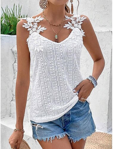  Mujer Camisa de encaje Camiseta sin mangas Encaje Blanco Sin Mangas Escote en Pico Verano