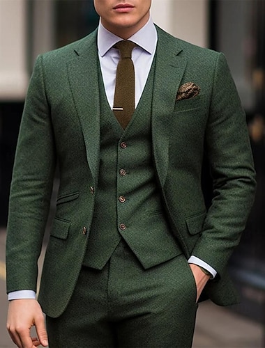 חליפות טוויד לחתונה ירוקות לגברים בצבע אחיד 3 חלקים רטרו וינטג' בגודל פלוס עם כפתורים חד חזה עם שני כפתורים 2024